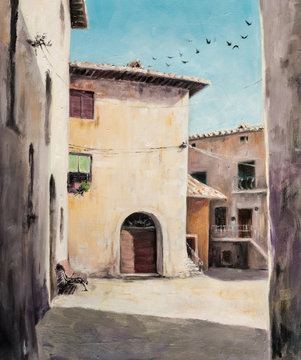 Fototapeta Original oil painting of Italian yard in Tuscan village
