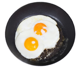 top view of fried eggs in pan isolated on white