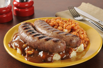 Bangers and mash with baked beans