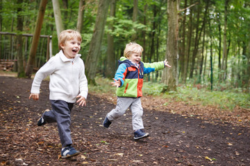 Fototapeta premium Two little sibling boys having fun with yellow foliage in autumn