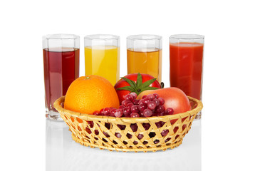Set of juice in glasses and fruit