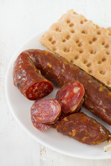 sausage with toasts on white plate