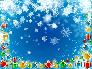 Fototapeta na wymiar gifts and snowflakes beautiful blue background