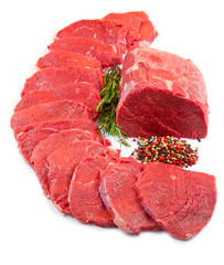 huge red meat chunk and steak isolated over white background