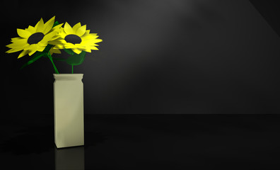 3D Illustration of a Vase of Sunflowers