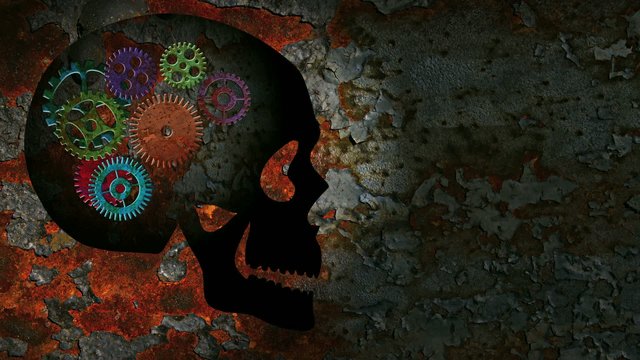 Mechanical Gears in a Human Skull on a Grunge Background