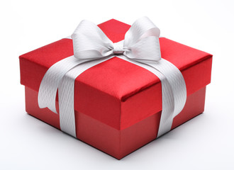 Red gift box with silver white ribbon bow