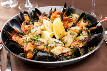 seafood paella in the fry pan