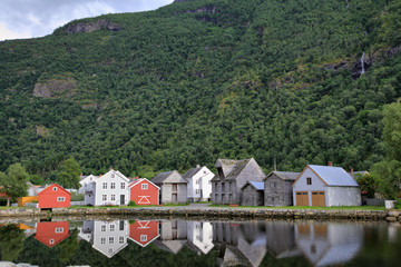 Fototapeta na wymiar Norwegian houses on the shore of Sognefjord at Laerdal, Norway.