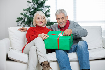 Obraz na płótnie Canvas Couple With Christmas Gift Sitting On Sofa