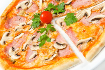 pizza with ham and mushrooms