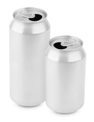 Two opened aluminum cans of beer on white with clipping path