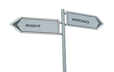 Road sign to right and wrong