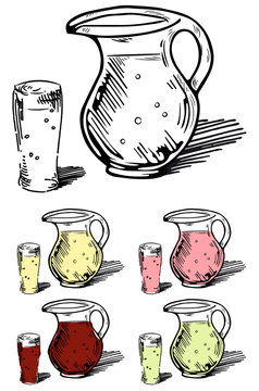 Set of hand-drawn glass jars and glasses of lemonade