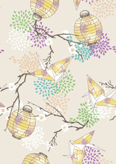 Obraz na płótnie Canvas Seamless Pattern with Paper Cranes and Lanterns