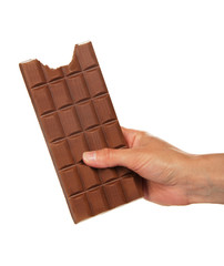 Female hand with a tile of milk chocolate