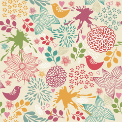 Seamless colorful floral pattern with birds