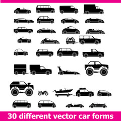 Cars icons set . 30 different vector car forms