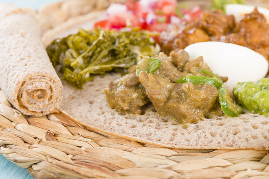 Ethiopian Feast - Injera (sourdough flatbread) with stews