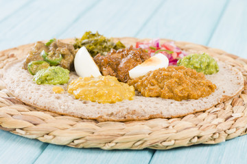 Ethiopian Feast - Injera (sourdough flatbread) with stews