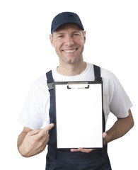 Portrait of smiling worker in blue uniform with tablet isolated