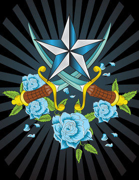 Ilustracion vectorial dagas con rosas en estilo tattoo