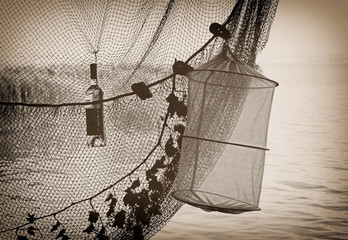 Vintage photo of the fishing net at Lake Balaton, Hungary