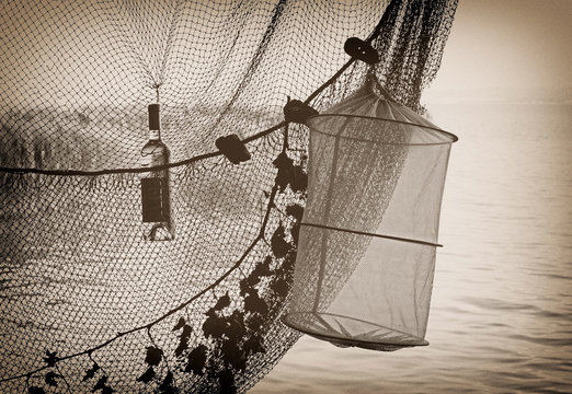 Vintage Photo Of The Fishing Net At Lake Balaton, Hungary