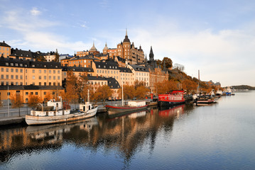 Fototapeta premium Stockholm embankment with boats