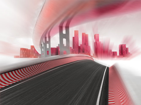 race motorways leading to modern city in motion blur render