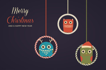 Hanging christmas owls. Vector xmas card