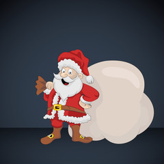 Santa Claus greeting with bag with gifts on dark card vector