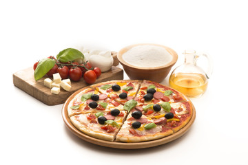 pizza with ingredients  isolated on white background