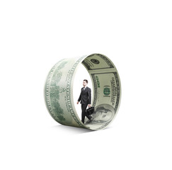 man walking in money wheel