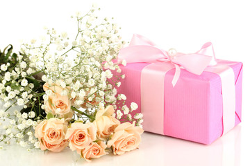 Giftbox and flowers isolated on white