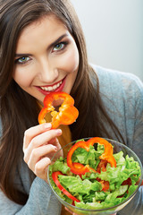 Woman close up smiling face. Diet food.