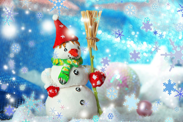 Beautiful snowman and Christmas decor, on bright background