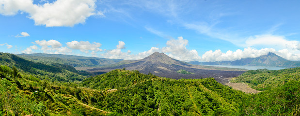 Panoramic view of Batur volcano in the sunshine day