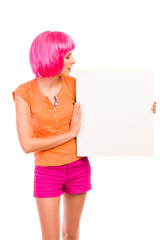 Beautiful young woman looking at blank white board.