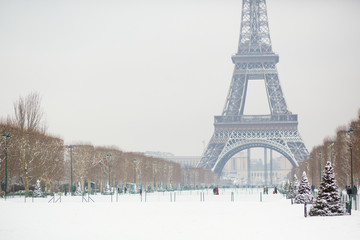 Snowy day in Paris, France
