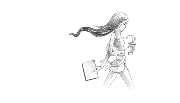 Pencil Drawing of Woman With Her Coffee To Go