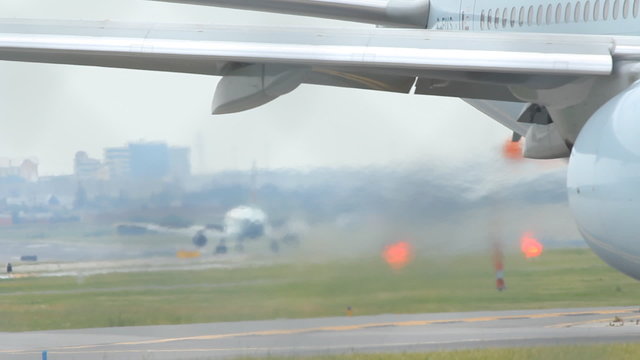 Commercial airliner taxiing on the tarmac. Detail of jet engine. Pearson International Airport, Toronto, Ontario, Canada.
