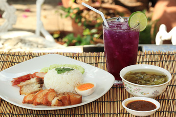 Mixed BBQ over the steam rice and Fruit Juice