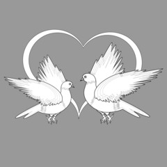 A monochrome sketch of two flying doves and a heart