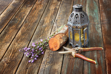 vintage oriental lamp, sage plant and garden scissors
