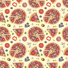 Seamless pattern with pizza illustrations