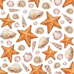 Artistic seamless pattern with watercolor shells and sea star il