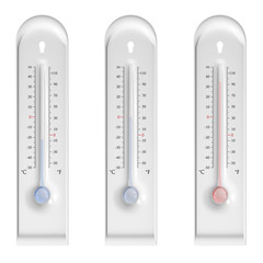 Plastic thermometers on white background