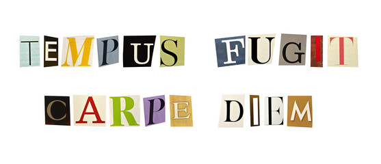 The phrase Tempus Fugit, Carpe Diem formed with magazine letters