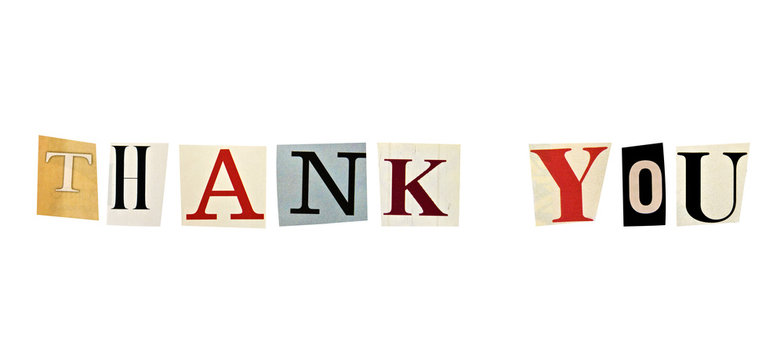 The phrase Thank You formed with magazine letters